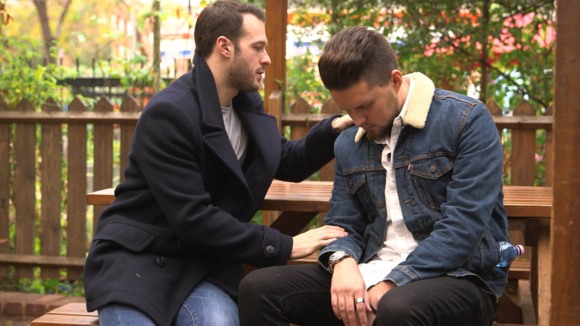 Aaron calvert hypnotising George on a bench in hello stranger for channel 4